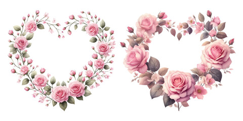 Pink rose heart-shaped wreath watercolor illustration material set