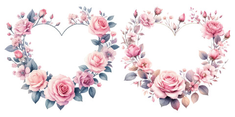 Pink rose heart-shaped wreath watercolor illustration material set