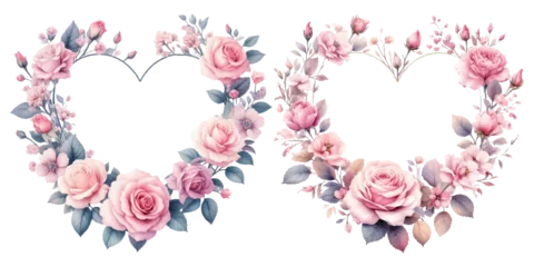 Foto op Plexiglas Pink rose heart-shaped wreath watercolor illustration material set © Lapis