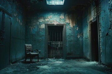 Abandoned room with a chair and peeling walls - This haunting scene depicts a derelict room with a solitary chair and crumbling, peeling walls, under eerie lighting