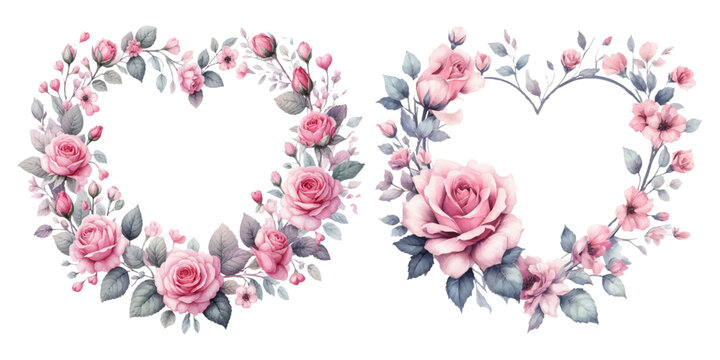 Pink rose heart-shaped wreath watercolor illustration material set