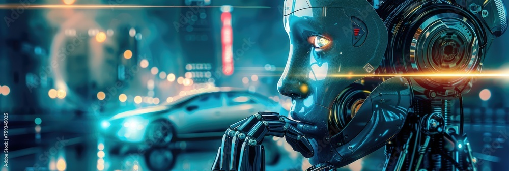Poster close-up of a robot's face in futuristic setting - a close-up look at a high-tech robot face express
