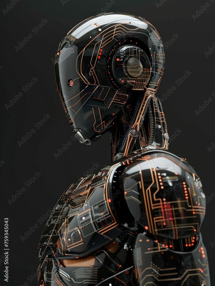 Poster close-up of futuristic black robot head - a highly detailed image capturing the complex circuitry an