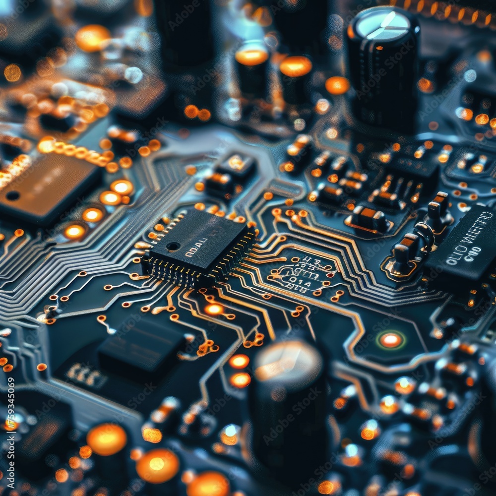 Poster close-up of computer circuit board with chips - this image features a highly detailed close-up of a 