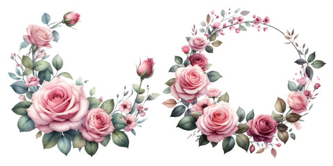 Pink rose wreath watercolor illustration material set