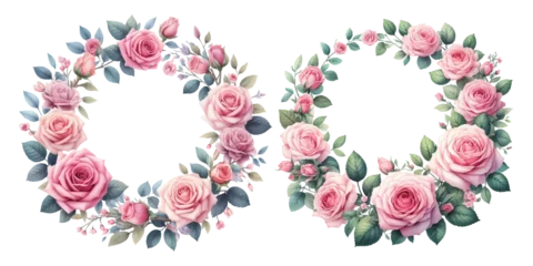 Fotobehang Bloemen Pink rose wreath watercolor illustration material set
