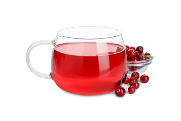 Cup of delicious cranberry tea and berries isolated on white