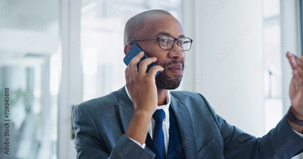Poster smile, phone call and communication with business black man in office for networking or planning, co