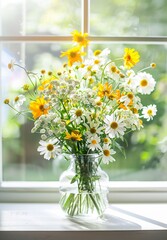 A beautiful bouquet of yellow and white flowers in a clear glass vase on the table, sunlight shining through the window