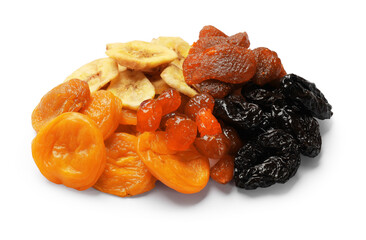 Mix of delicious dried fruits isolated on white