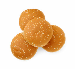 Fresh hamburger buns isolated on white, top view