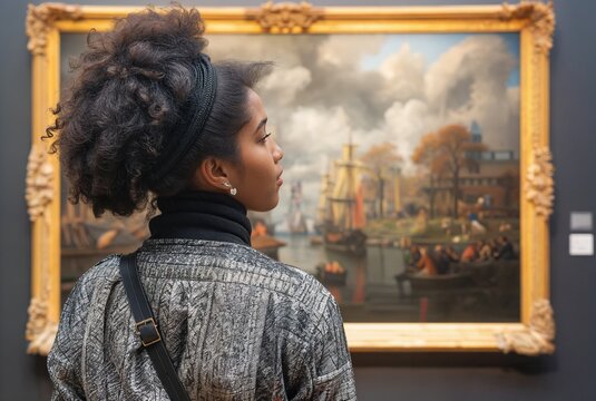 A woman in an art gallery looks at paintings. Backdrop with selective focus and copy space