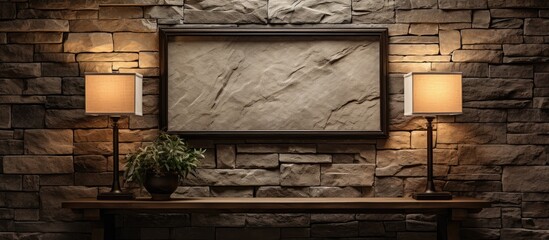 Interior design featuring stone wall, frame, and lamp.