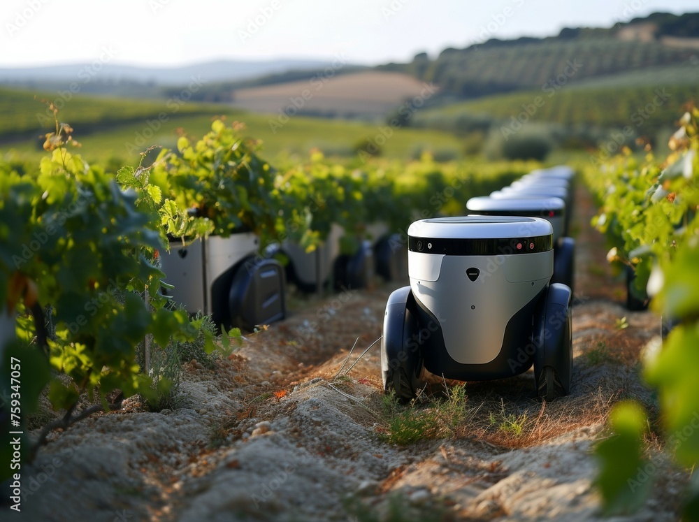 Poster modern farm with robots. background with selective focus and copy space