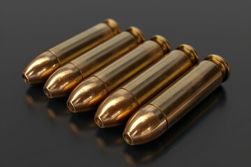 A row of five bullets are shown in a close up - obrazy, fototapety, plakaty