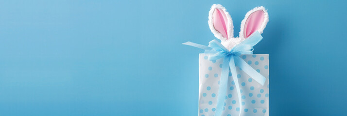 Banner with a gift bag with bunny ears on a blue background. The concept of online shopping for Easter
