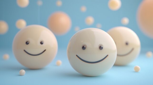 3d render of smiley face icons on blue background, smile icon concept, 2/4 people smiling in the back ground