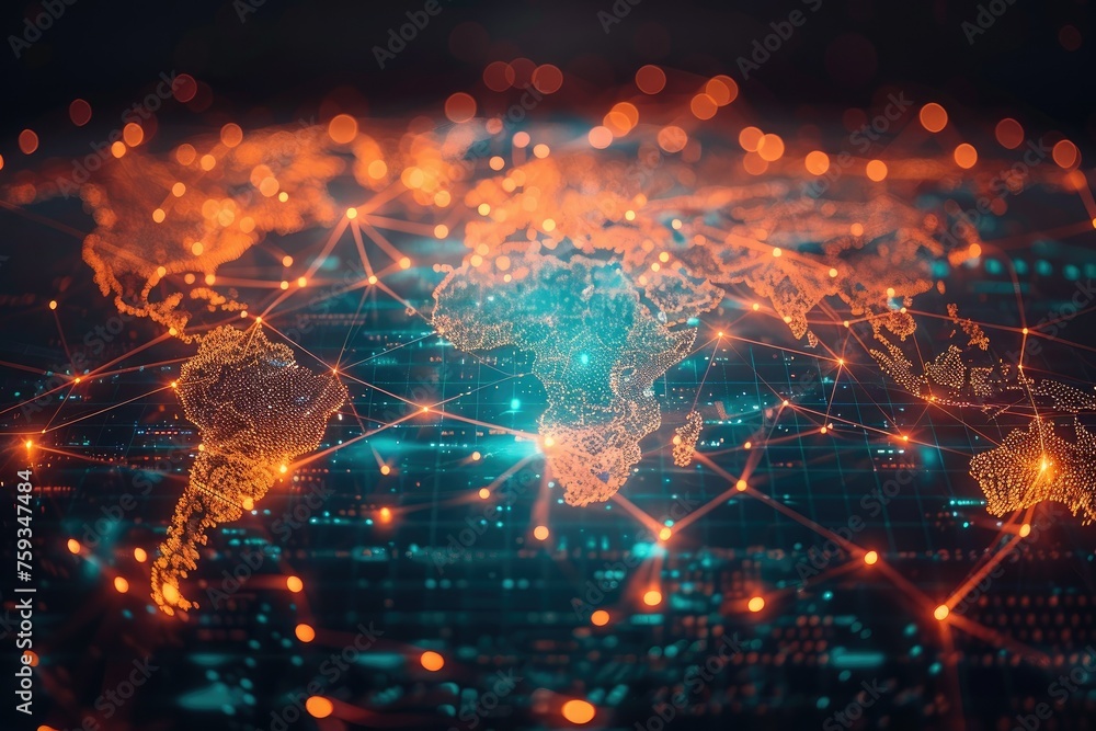 Poster illuminated digital world map on dark background - this image shows an intricate digital representat