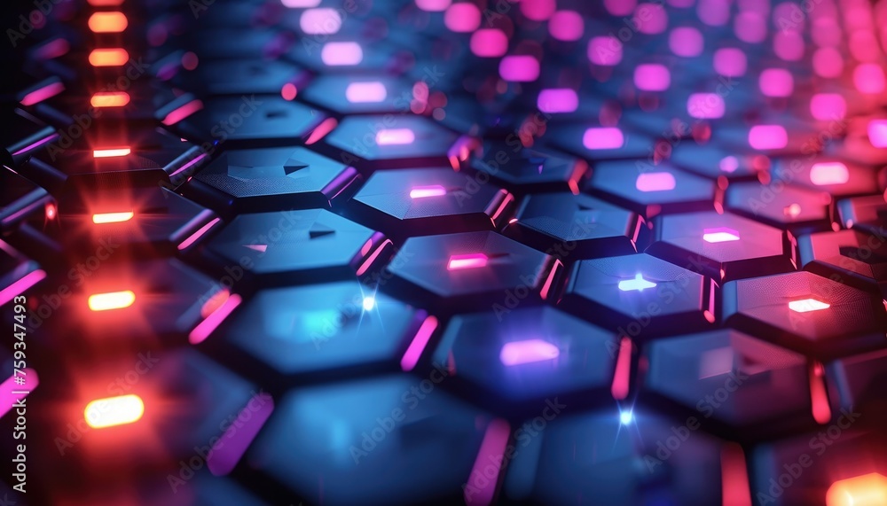 Aufkleber illuminated hexagonal pattern with red and blue lights - close-up of a three-dimensional hexagonal g