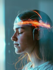 Woman with colorful headset on listening to music - A woman wearing a colorful and glowing headset, symbolizing the power of music and technology