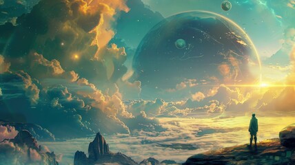 Person gazing at otherworldly landscape with planets - A lone figure stares across a surreal alien landscape with giant planets hanging in the sky above - obrazy, fototapety, plakaty