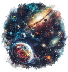 Painting of a Space Scene With Planets and Stars