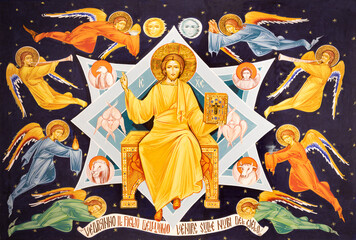 MILAN, ITALY - MARCH 6, 2024: The icon Jesus the Pantokrator and Teacher in the church Chiesa dei Santi Nereo e Achilleo by Iulian Rosu.