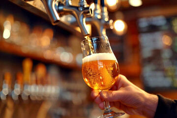 Side view of pouring beer while standing at the bar counter. Hand of the bartender pouring a beer on tap. Pouring beer for client