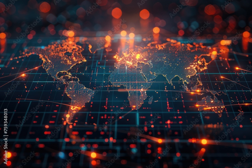 Poster vivid 3d digital world map with light effects - a captivating 3d depiction of the globe with interco