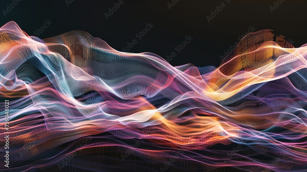 Poster vivid waves of digital particles in motion - flowing streams of multicolored digital particles creat