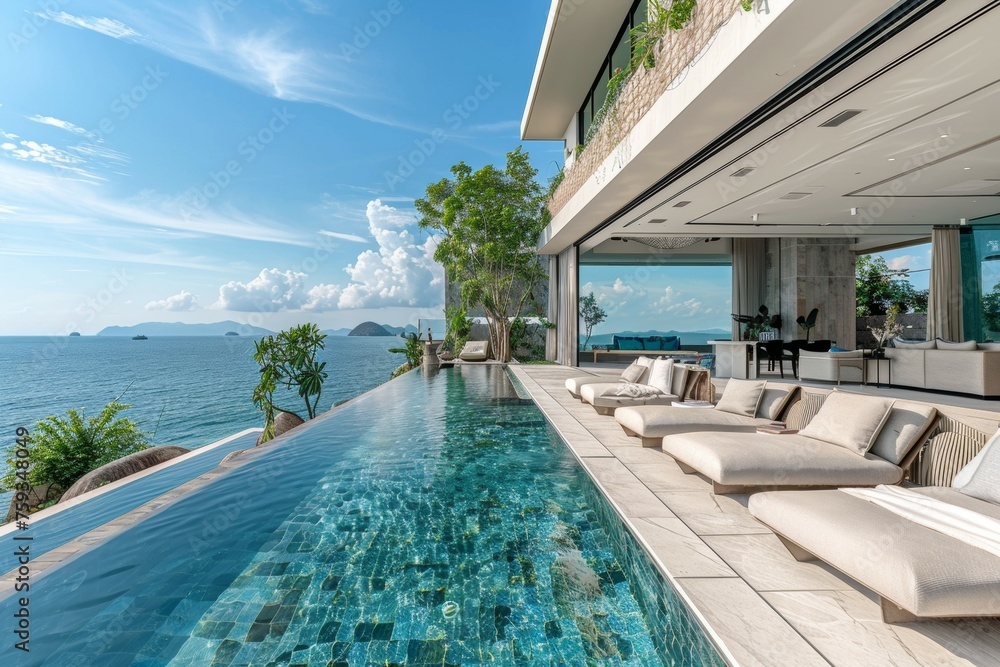 Poster a large pool with a view of the ocean