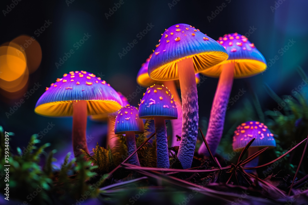 Poster magic mushrooms. background with selective focus and copy space