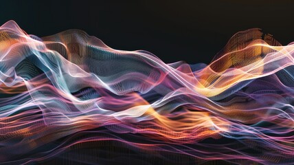 Fototapeta premium Vivid waves of digital particles in motion - Flowing streams of multicolored digital particles create a sense of dynamic movement, simulating virtual wave patterns