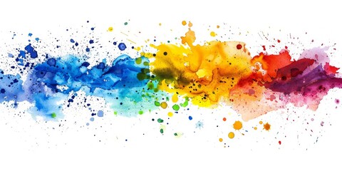 A lively burst of watercolor paint ranging from fiery orange to deep blue, peppered with lively splatters on a white canvas.