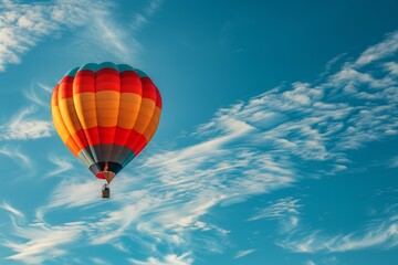 A hot air balloon is floating in the sky above a blue and white cloudless sky