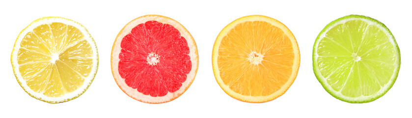 Citrus fruits. Cut fresh lemon, grapefruit, lime and orange isolated on white, top view