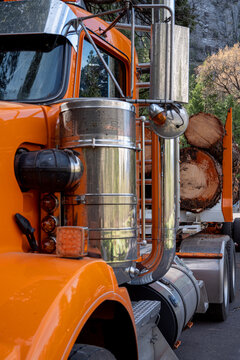 Orange truck transporting large logs in the forests of California