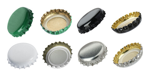 Different beer bottle caps isolated on white, set