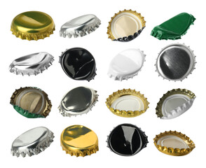 Different beer bottle caps isolated on white, set