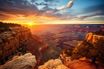 Awe-inspiring sunset view of the Grand Canyon, showcasing the vibrant colors and stunning beauty of the rock formations in Arizona, USA, natures grandeur on display.
