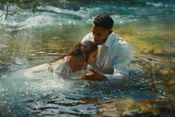 A man and a woman are in the water, with the woman wearing a white dress