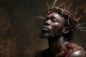 A man with a crown of thorns on his head and blood dripping from his face