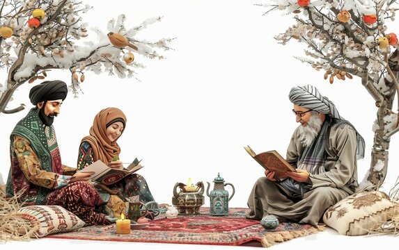 Celebrating Tradition with Persian Poetry Scenes Isolated on White Background.