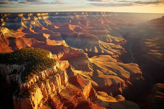 Sunset Over the Grand Canyon, Arizona. Vibrant hues of red, orange, and gold paint the sky as the sun sets over this majestic natural wonder in the American Southwest.