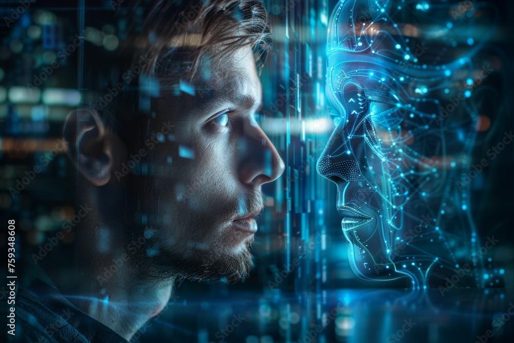 Poster a man is looking at a computer screen with a face on it