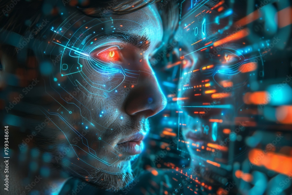 Poster a man's face is reflected in a computer screen