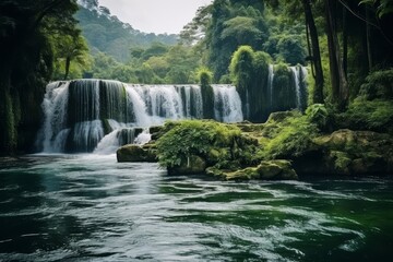 Majestic Waterfall in Lush Green Jungle with Rugged Rocks and Vibrant Plants Creating a Mystical and Misty Atmosphere, Tranquil Water Surface, Perfect Oasis in Nature