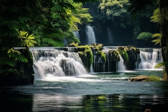 Clear water cascades over mossy rocks in a lush forest. Green-blue hues sparkle in sunlight, creating a serene ambiance. Dappled light dances on the ground from trees, enhancing the tranquil scene.