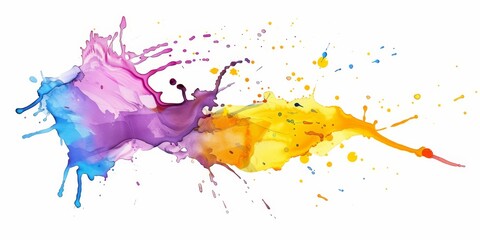 Abstract watercolor splash, with vivid blues and purples evolving into a warm orange and yellow burst, on a clean white backdrop.