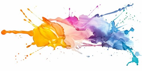 Abstract watercolor splash, with vivid blues and purples evolving into a warm orange and yellow burst, on a clean white backdrop.